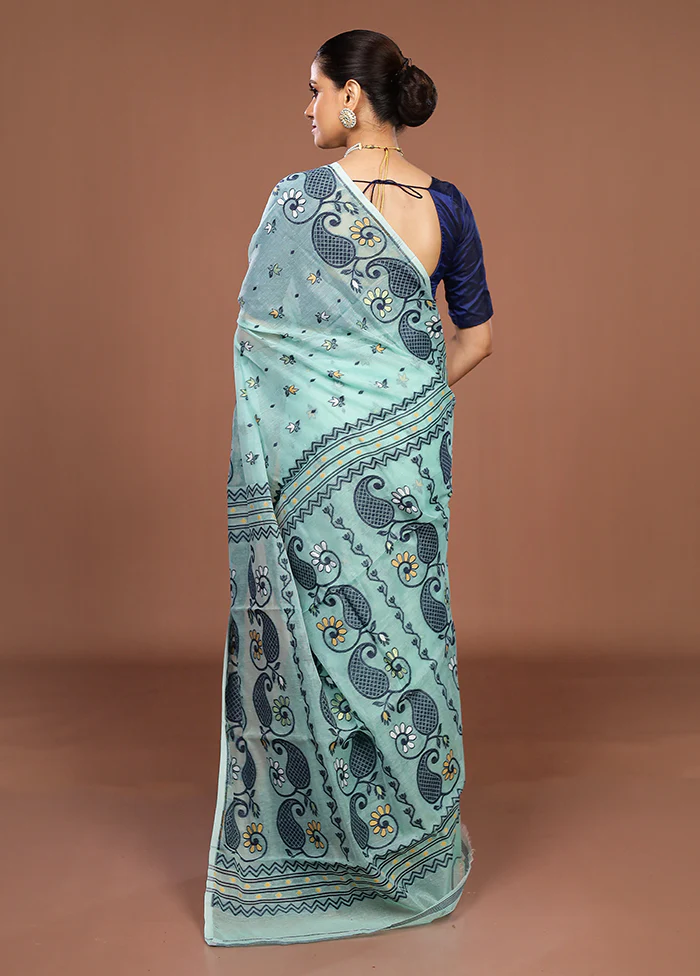 Green Jamdani Cotton Saree Without Blouse Piece - Image 3