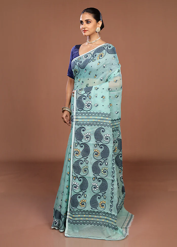 Green Jamdani Cotton Saree Without Blouse Piece - Image 4