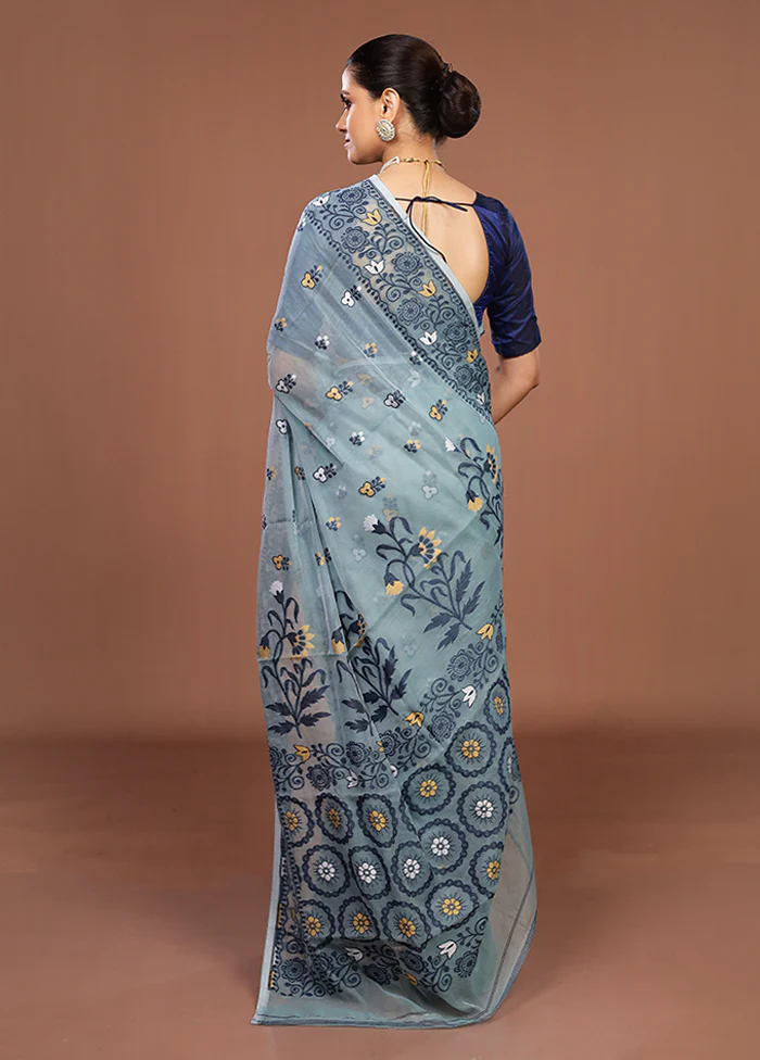 Green Jamdani Cotton Saree Without Blouse Piece - Image 3