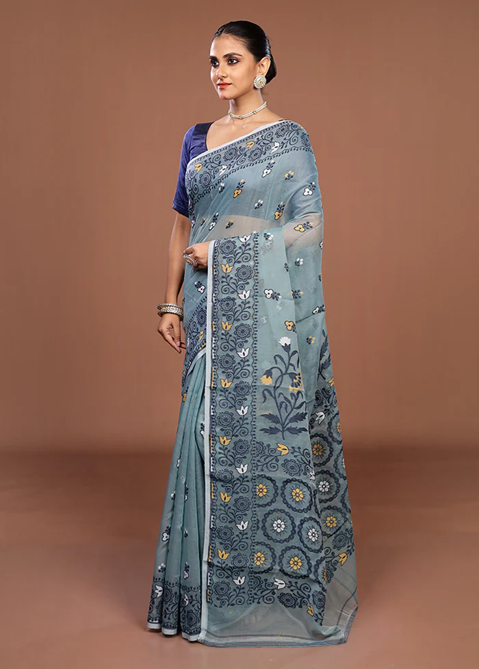 Green Jamdani Cotton Saree Without Blouse Piece - Image 4