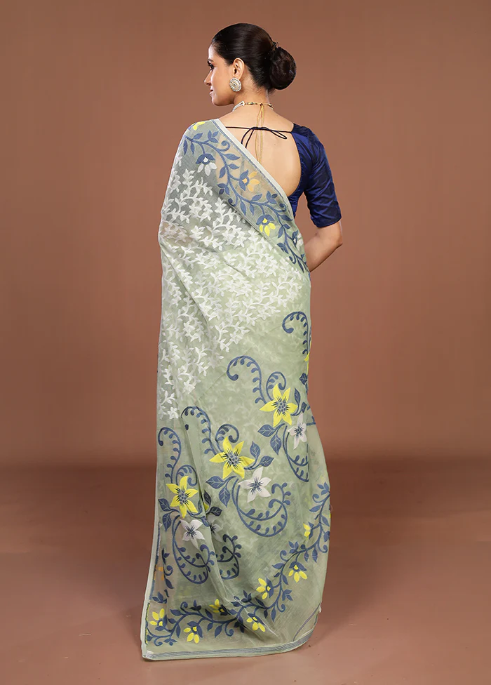 Green Jamdani Cotton Saree Without Blouse Piece - Image 3