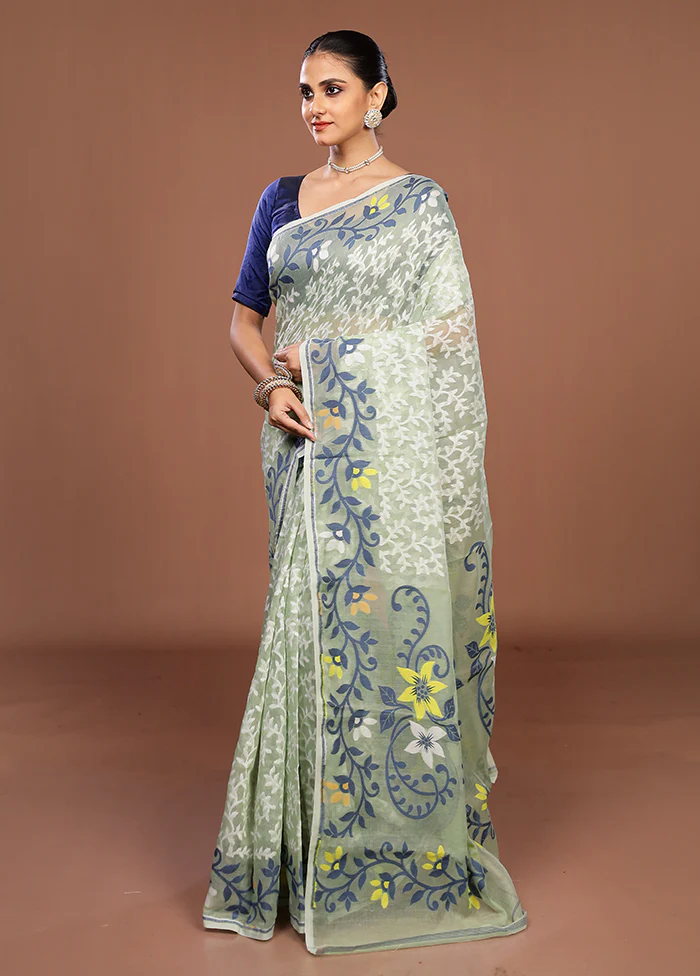 Green Jamdani Cotton Saree Without Blouse Piece - Image 4