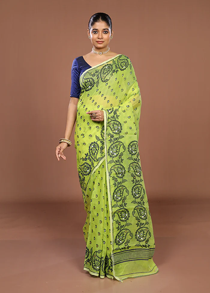 Green Jamdani Cotton Saree Without Blouse Piece - Image 2