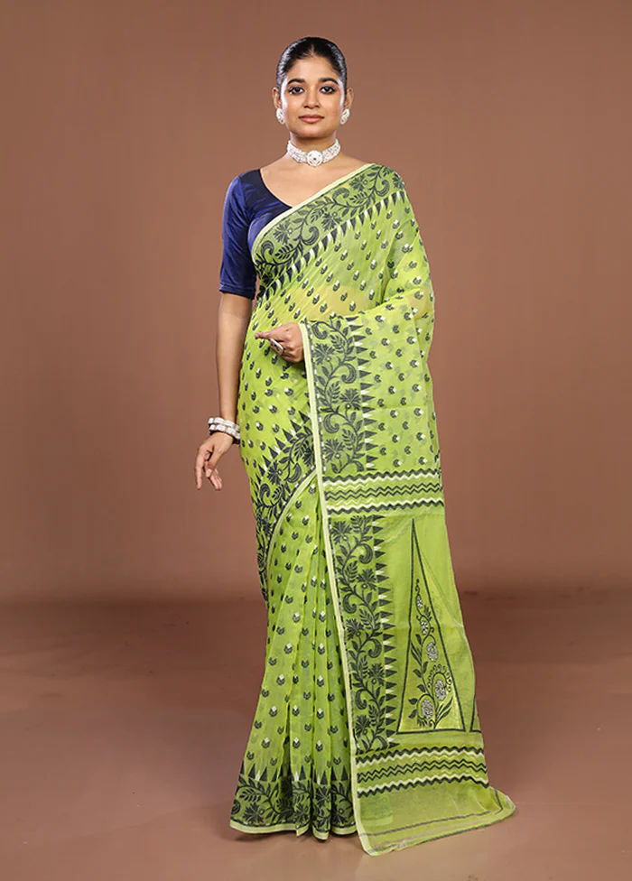 Green Jamdani Cotton Saree Without Blouse Piece - Image 2