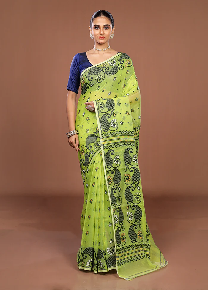 Green Jamdani Cotton Saree Without Blouse Piece - Image 2