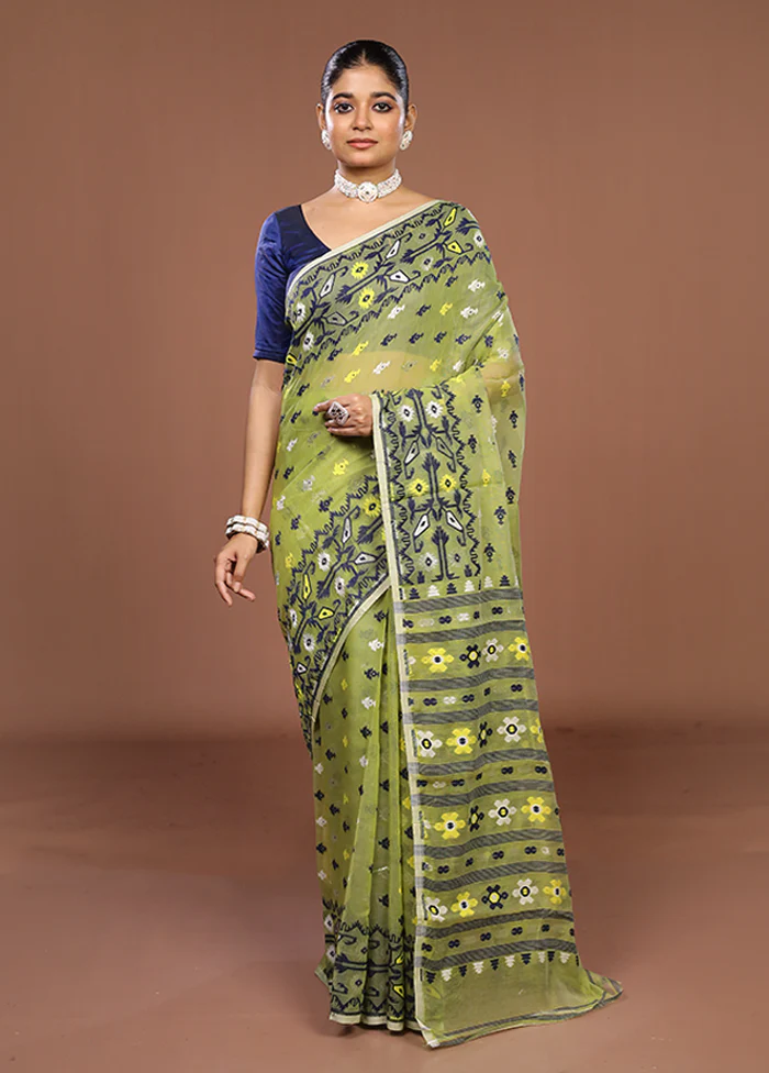 Green Jamdani Cotton Saree Without Blouse Piece - Image 2