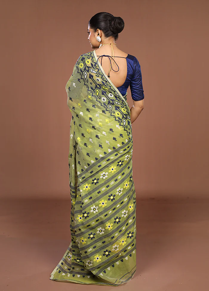 Green Jamdani Cotton Saree Without Blouse Piece - Image 3