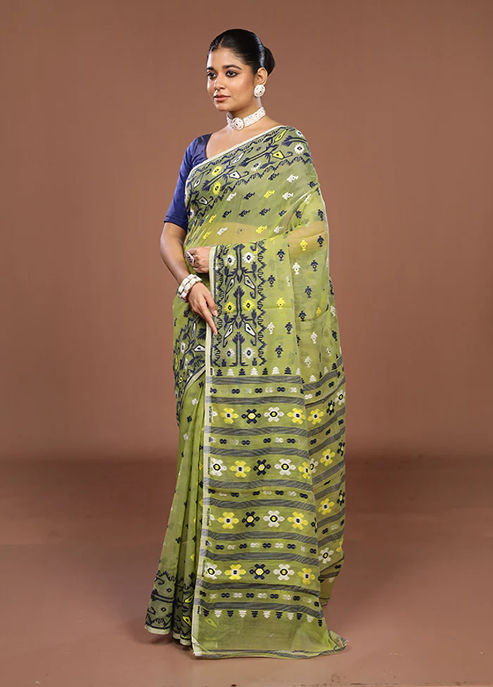 Green Jamdani Cotton Saree Without Blouse Piece - Image 4