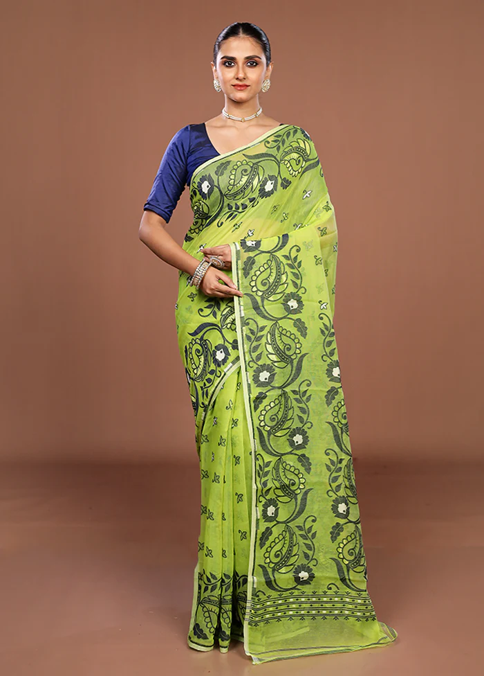 Green Jamdani Cotton Saree Without Blouse Piece - Image 2