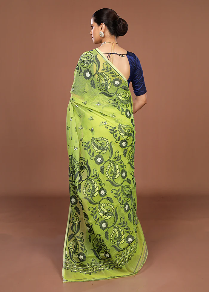 Green Jamdani Cotton Saree Without Blouse Piece - Image 3