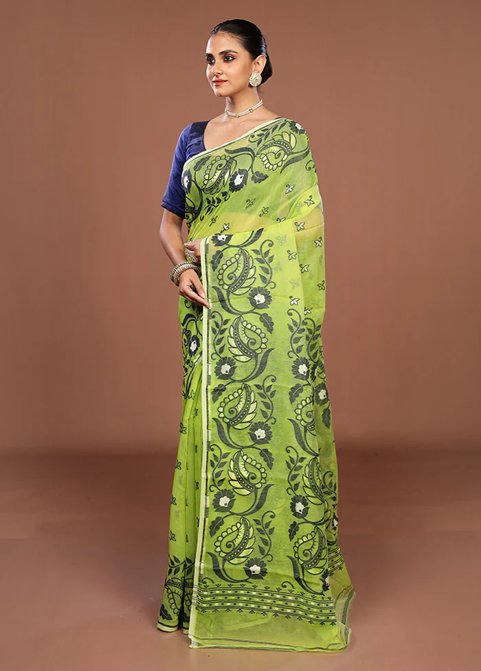 Green Jamdani Cotton Saree Without Blouse Piece - Image 4