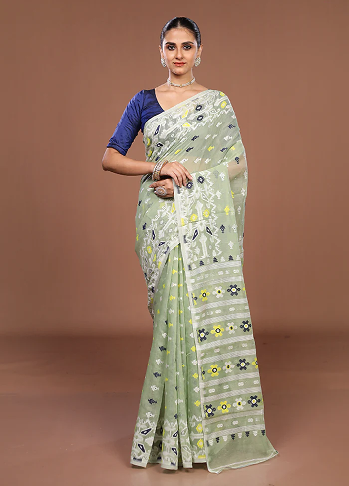 Green Jamdani Cotton Saree Without Blouse Piece - Image 2