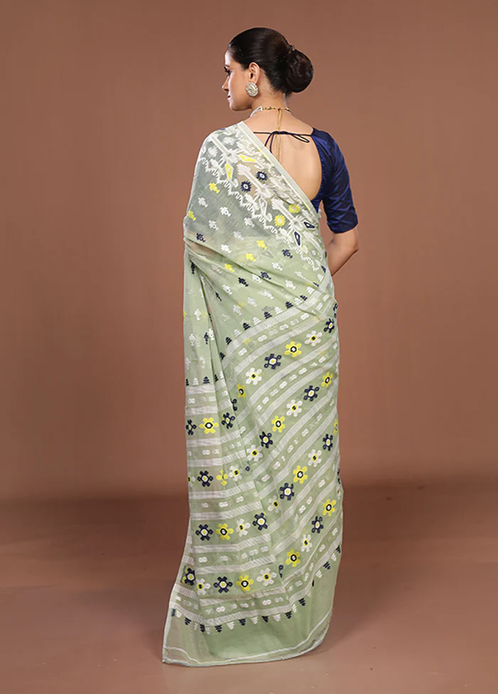 Green Jamdani Cotton Saree Without Blouse Piece - Image 3