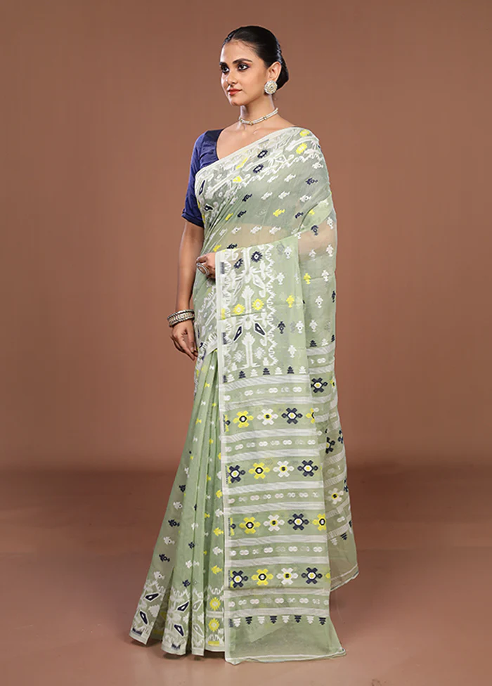 Green Jamdani Cotton Saree Without Blouse Piece - Image 4