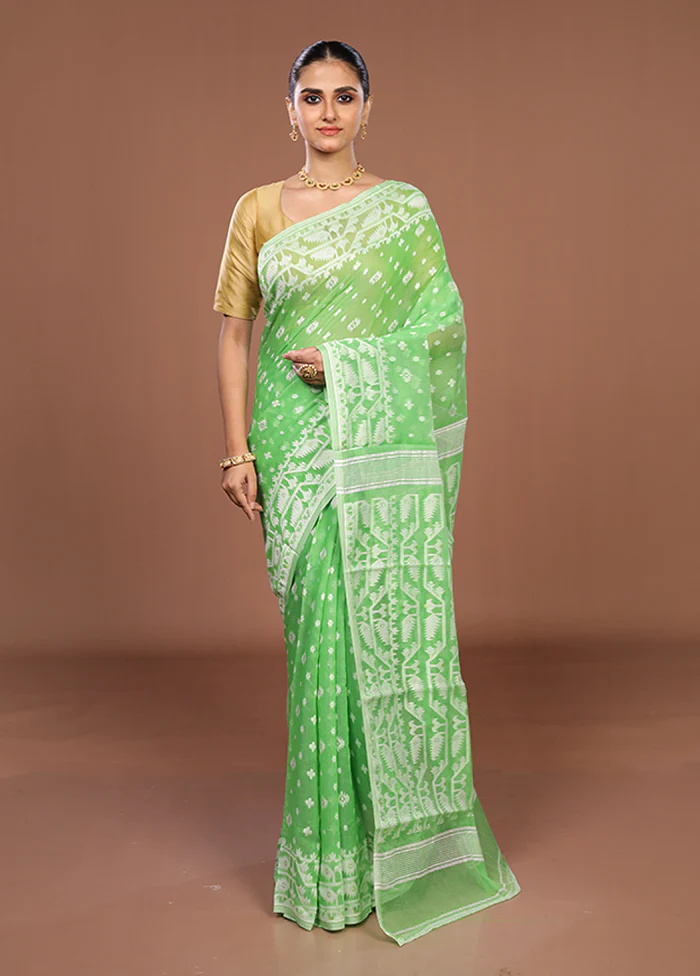 Green Jamdani Cotton Saree Without Blouse Piece - Image 2
