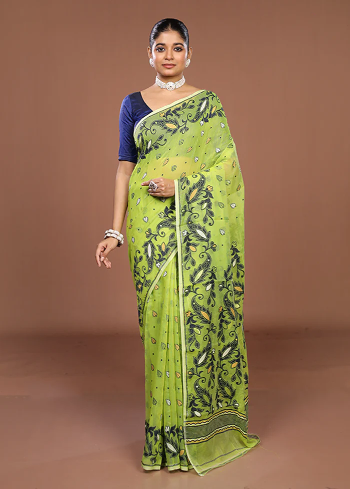 Green Jamdani Cotton Saree Without Blouse Piece - Image 2