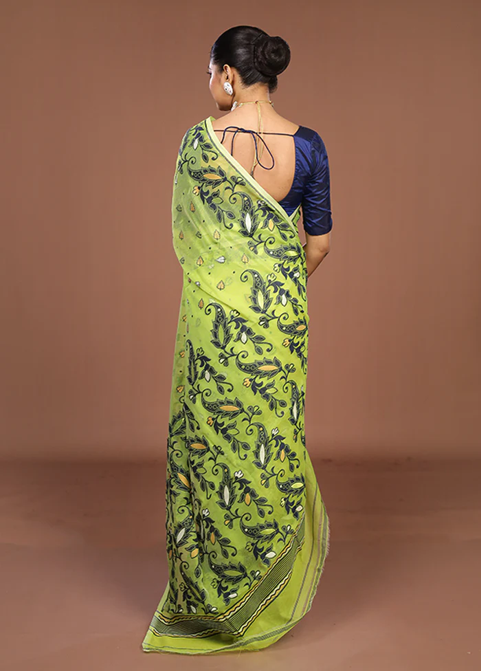 Green Jamdani Cotton Saree Without Blouse Piece - Image 3