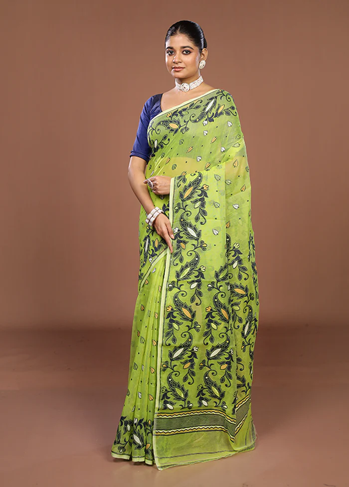Green Jamdani Cotton Saree Without Blouse Piece - Image 4