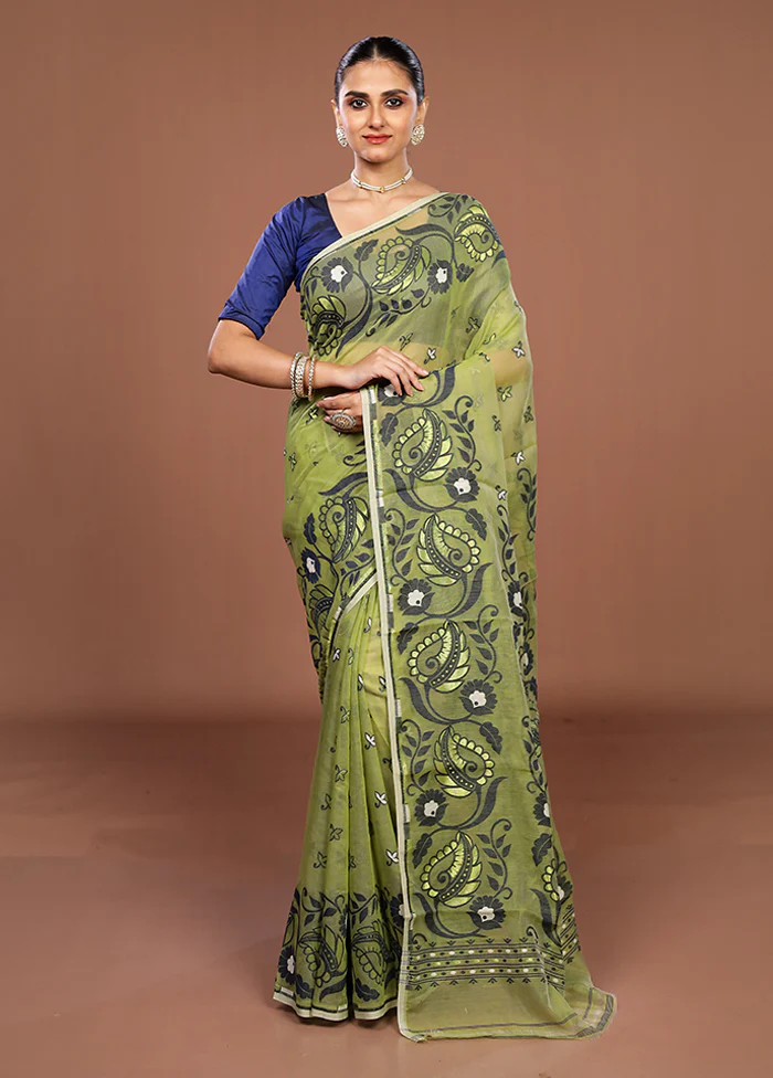 Green Jamdani Cotton Saree Without Blouse Piece - Image 2