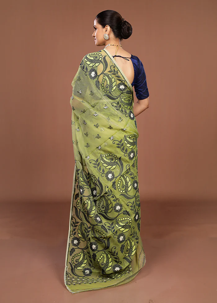 Green Jamdani Cotton Saree Without Blouse Piece - Image 3