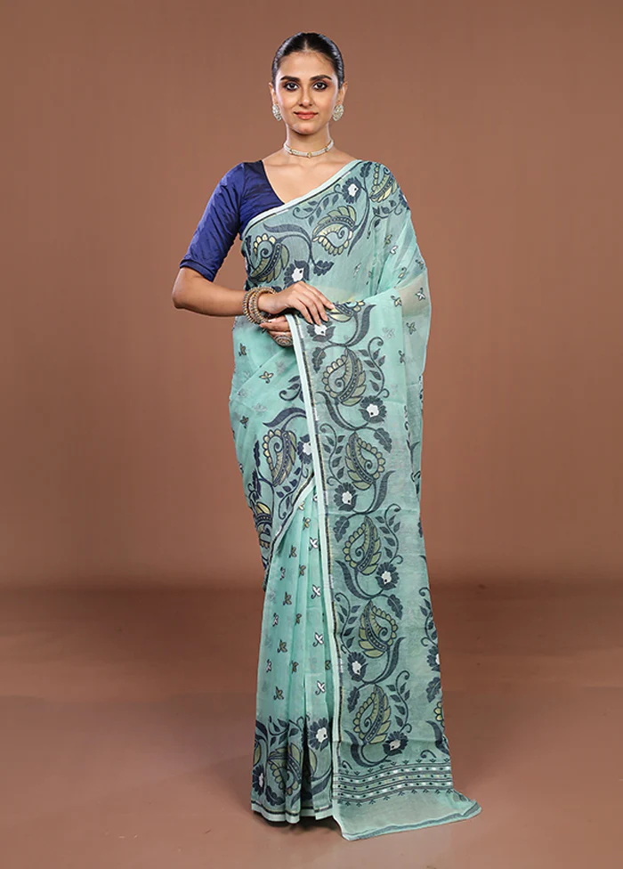 Green Jamdani Cotton Saree Without Blouse Piece - Image 2