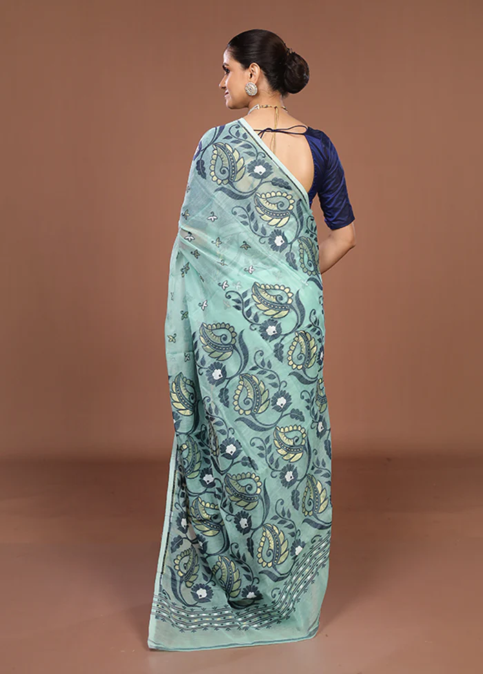 Green Jamdani Cotton Saree Without Blouse Piece - Image 3