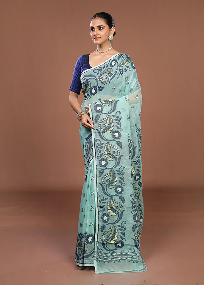 Green Jamdani Cotton Saree Without Blouse Piece - Image 4