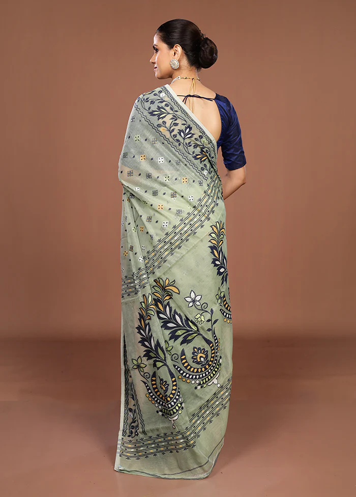 Green Jamdani Cotton Saree Without Blouse Piece - Image 3