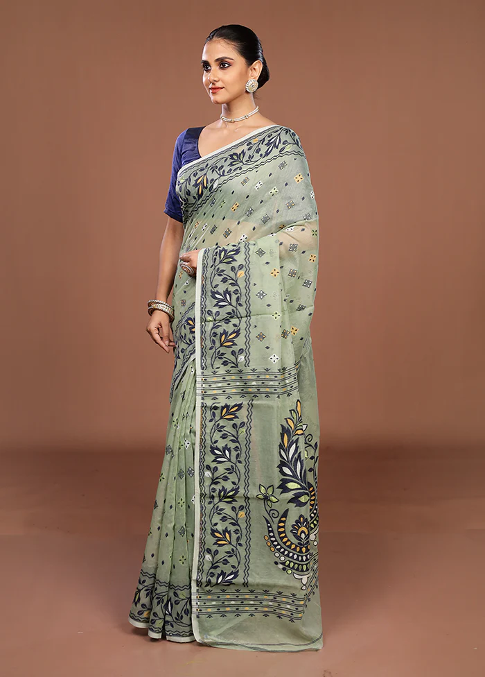 Green Jamdani Cotton Saree Without Blouse Piece - Image 4