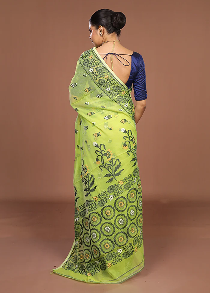 Green Jamdani Cotton Saree Without Blouse Piece - Image 3