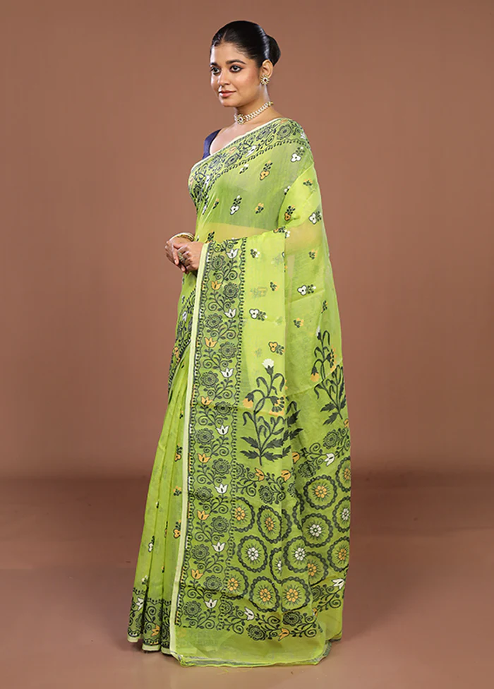 Green Jamdani Cotton Saree Without Blouse Piece - Image 4