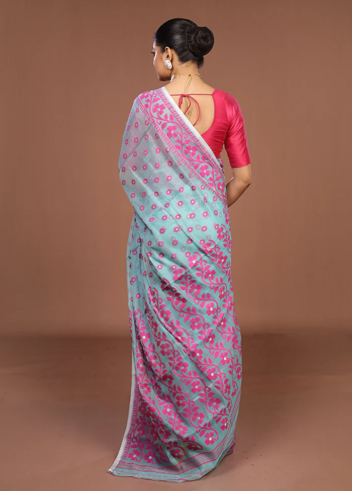 Green Jamdani Cotton Saree Without Blouse Piece - Image 3