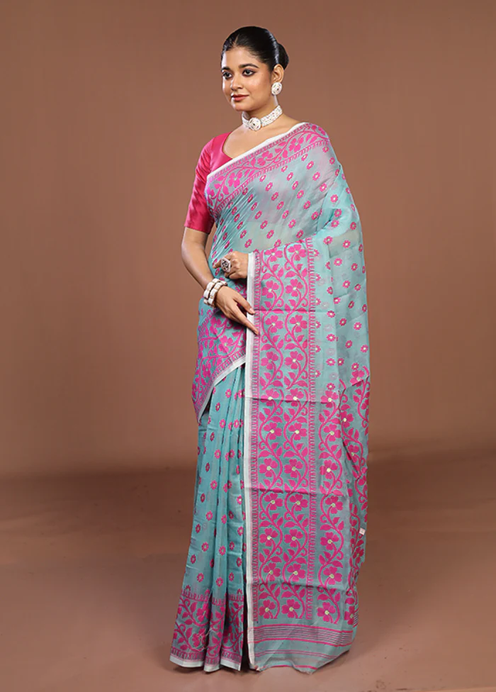 Green Jamdani Cotton Saree Without Blouse Piece - Image 4