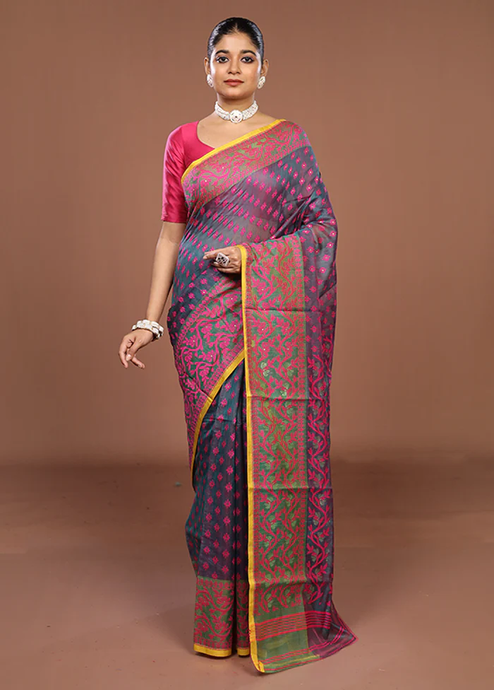 Green Jamdani Cotton Saree Without Blouse Piece - Image 2