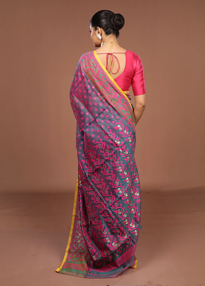 Green Jamdani Cotton Saree Without Blouse Piece - Image 3