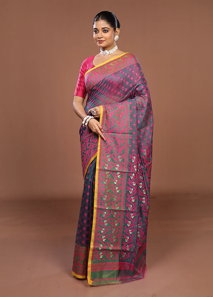 Green Jamdani Cotton Saree Without Blouse Piece - Image 4