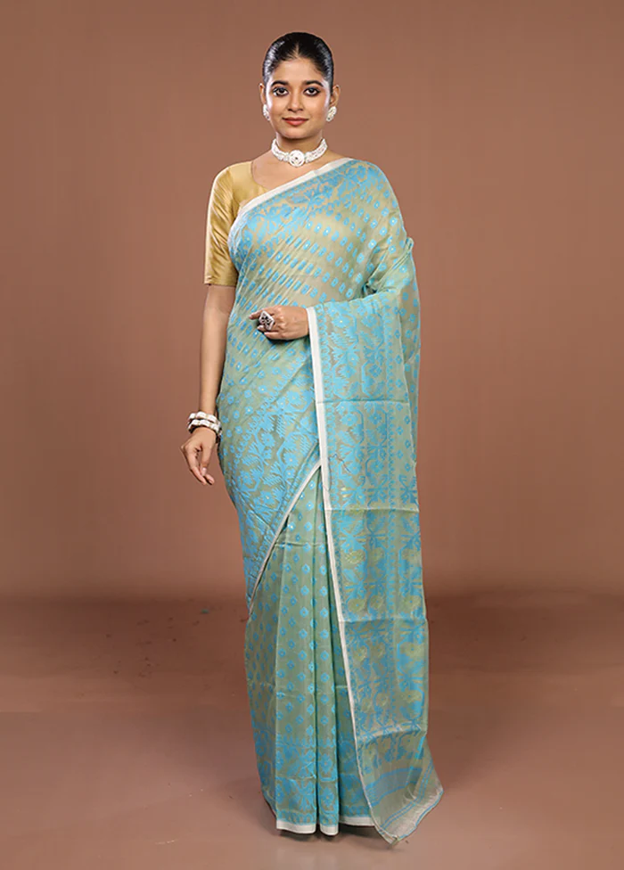 Green Jamdani Cotton Saree Without Blouse Piece - Image 2