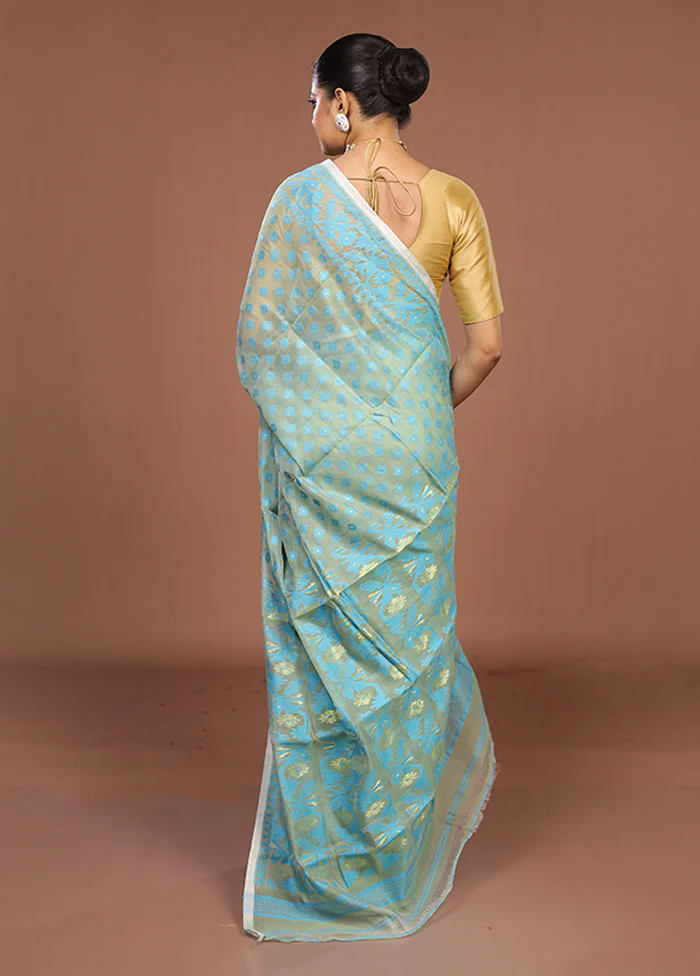 Green Jamdani Cotton Saree Without Blouse Piece - Image 3
