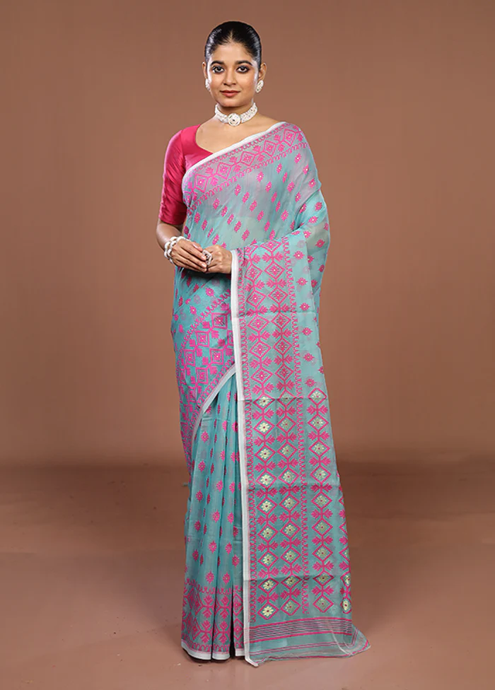 Green Jamdani Cotton Saree Without Blouse Piece - Image 2