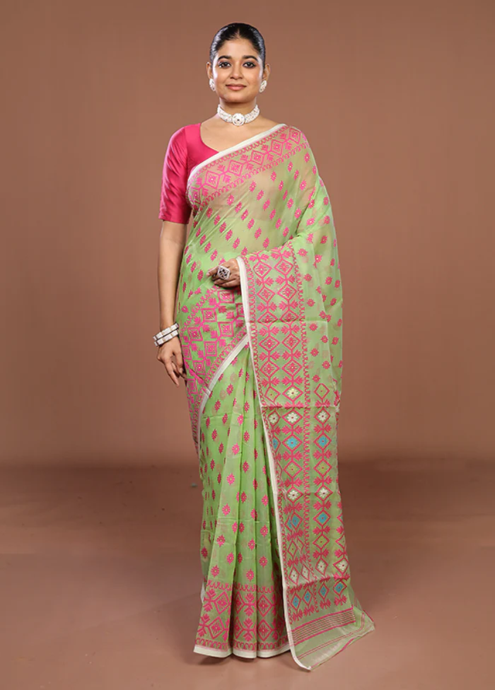 Green Jamdani Cotton Saree Without Blouse Piece - Image 2