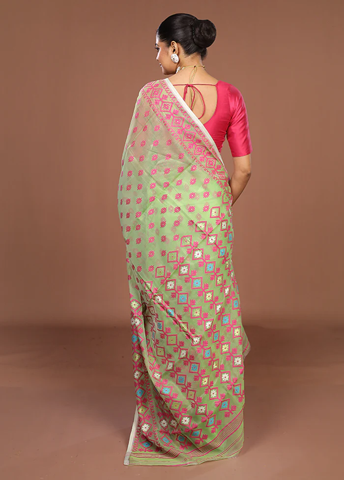 Green Jamdani Cotton Saree Without Blouse Piece - Image 3