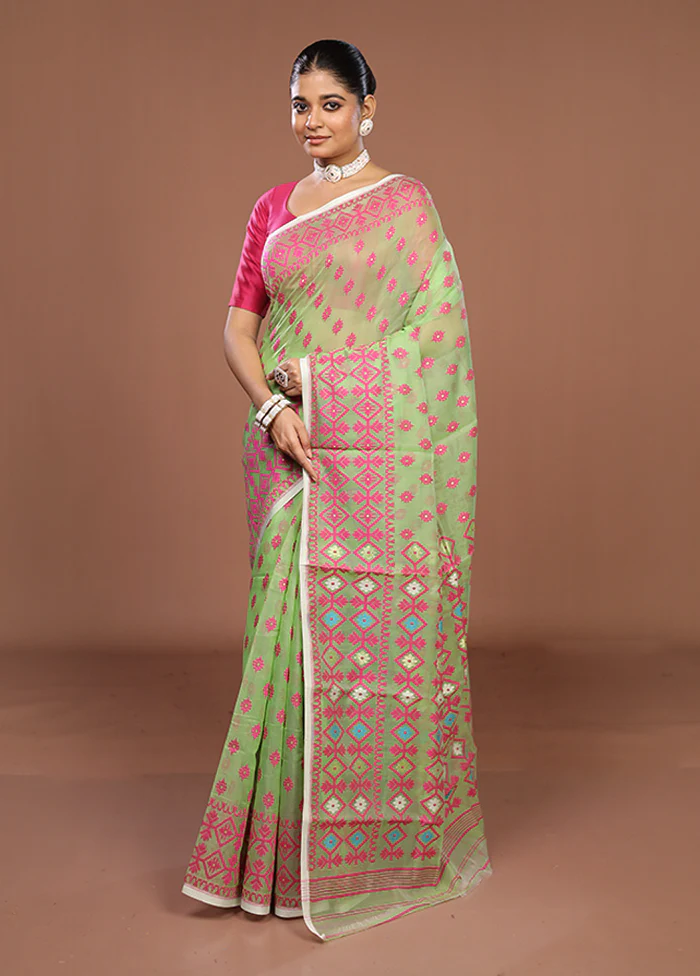 Green Jamdani Cotton Saree Without Blouse Piece - Image 4