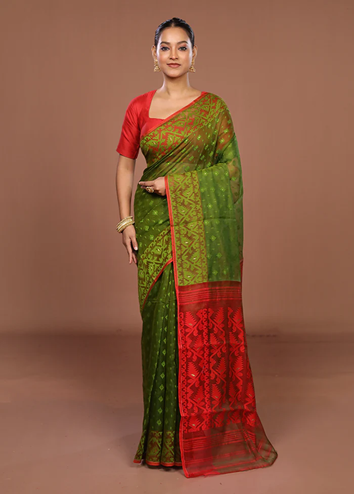 Green Jamdani Cotton Saree Without Blouse Piece - Image 2