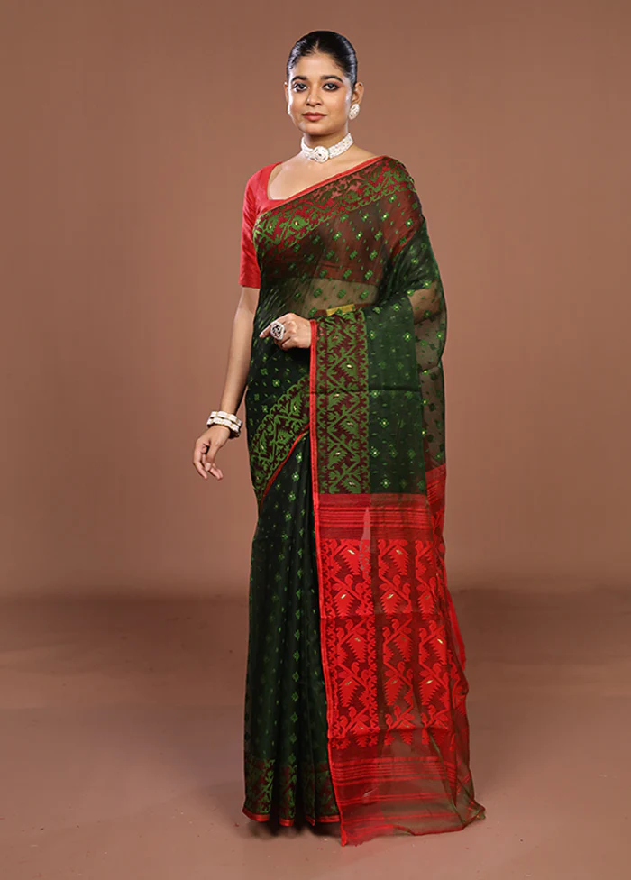 Green Jamdani Cotton Saree Without Blouse Piece - Image 2