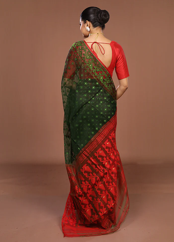 Green Jamdani Cotton Saree Without Blouse Piece - Image 3