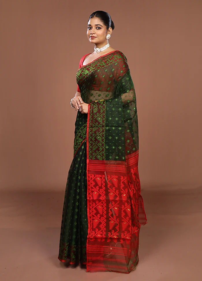 Green Jamdani Cotton Saree Without Blouse Piece - Image 4