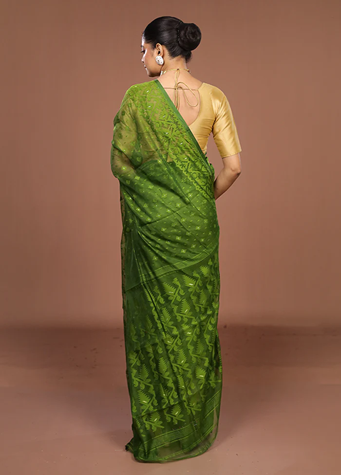 Green Jamdani Cotton Saree Without Blouse Piece - Image 3