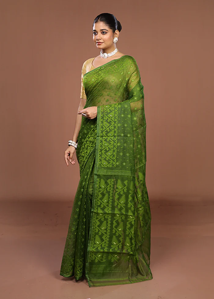 Green Jamdani Cotton Saree Without Blouse Piece - Image 4