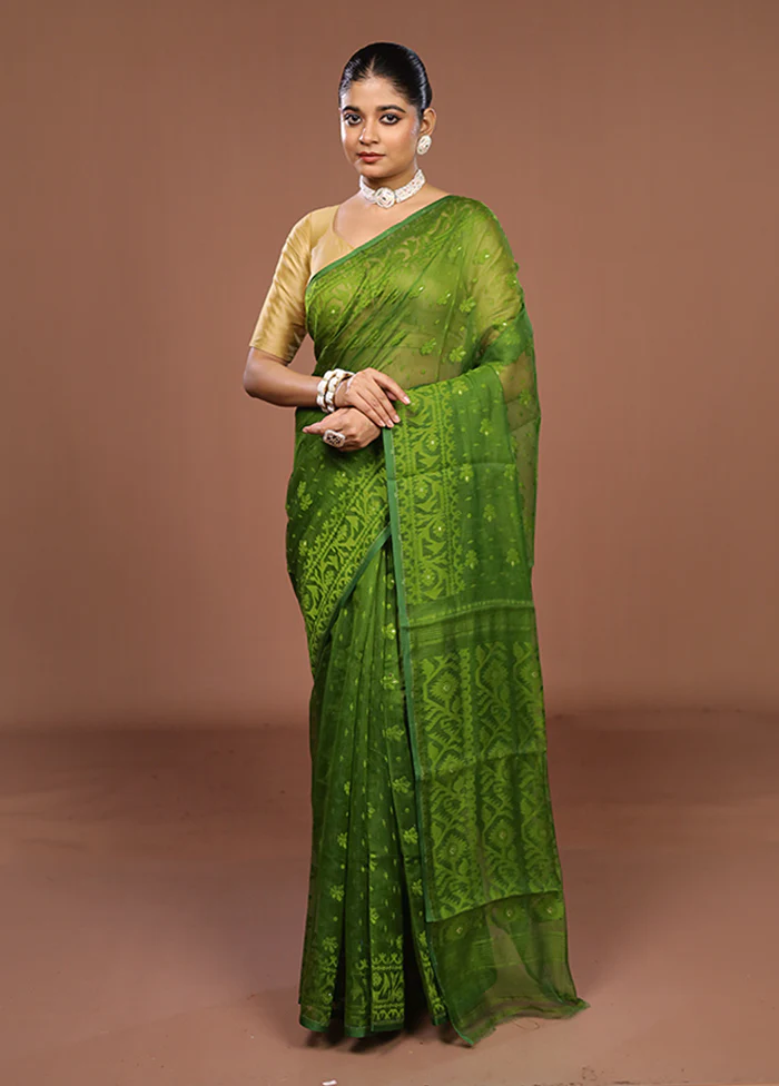 Green Jamdani Cotton Saree Without Blouse Piece - Image 2