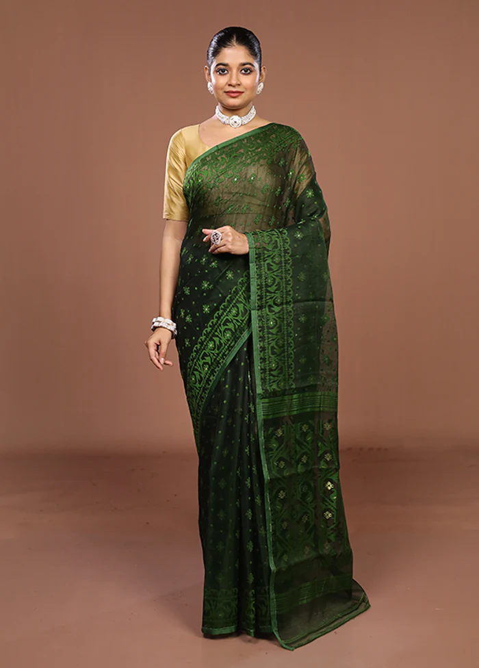 Green Jamdani Cotton Saree Without Blouse Piece - Image 2